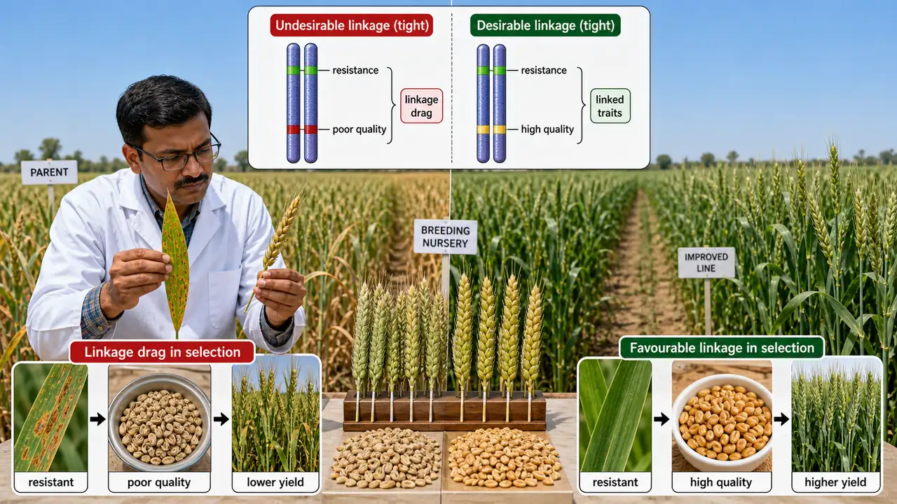 Breeding scene showing linkage drag when rust resistance is linked with poor grain quality versus favorable linkage where resistance and high quality are inherited together