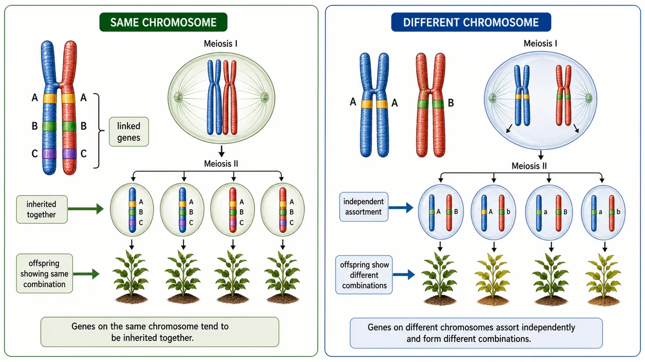 Comparison showing genes on the same chromosome being inherited together versus genes on different chromosomes assorting independently during meiosis