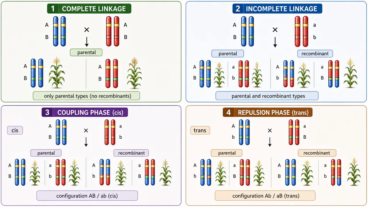 Four-part comparison of complete linkage, incomplete linkage, coupling phase cis arrangement, and repulsion phase trans arrangement