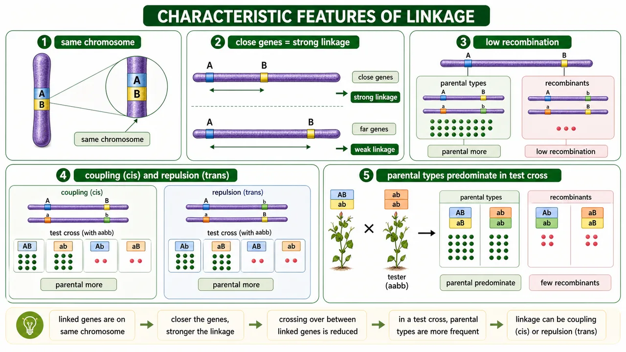 Infographic summarizing key linkage features including same chromosome, close genes, low recombination, parental types predominating, and coupling or repulsion phase