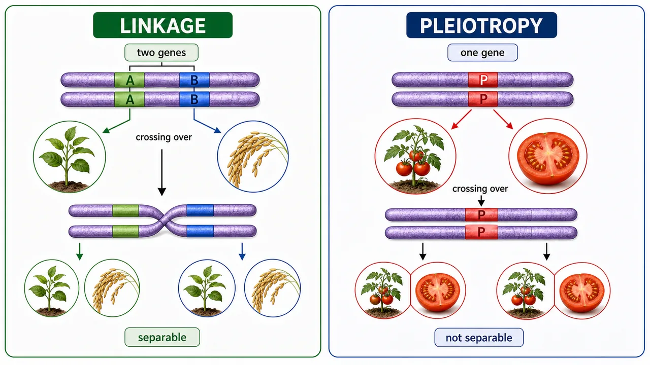 Side-by-side comparison showing linkage as two separable genes and pleiotropy as one gene affecting multiple traits