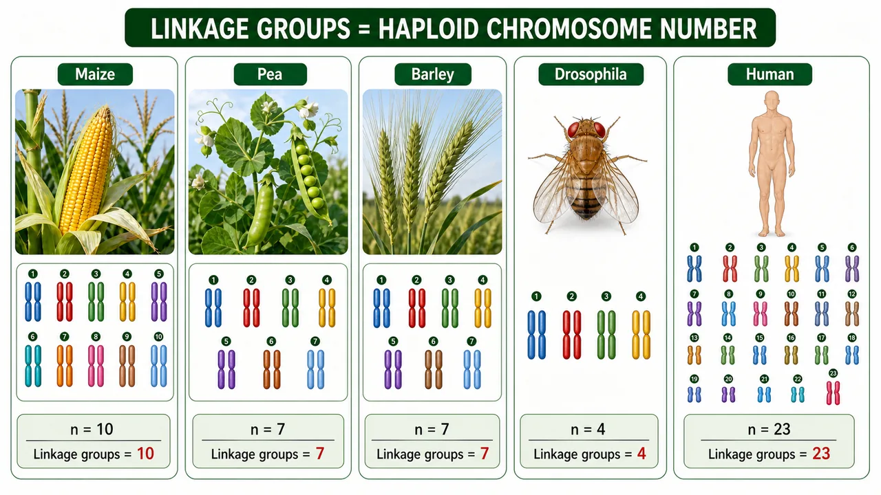 Examples of maize, pea, barley, Drosophila, and human showing linkage groups equal to the haploid chromosome number
