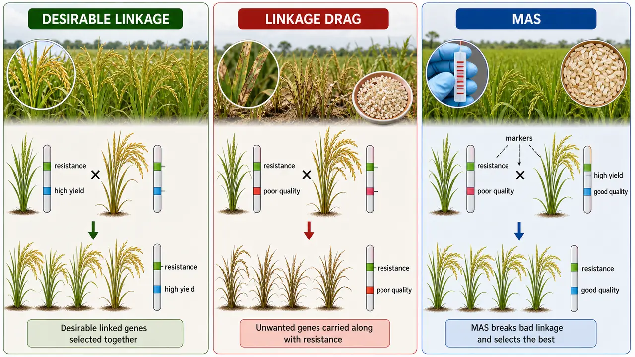 Rice breeding infographic showing desirable linkage, linkage drag, and marker-assisted selection used to break bad linkage