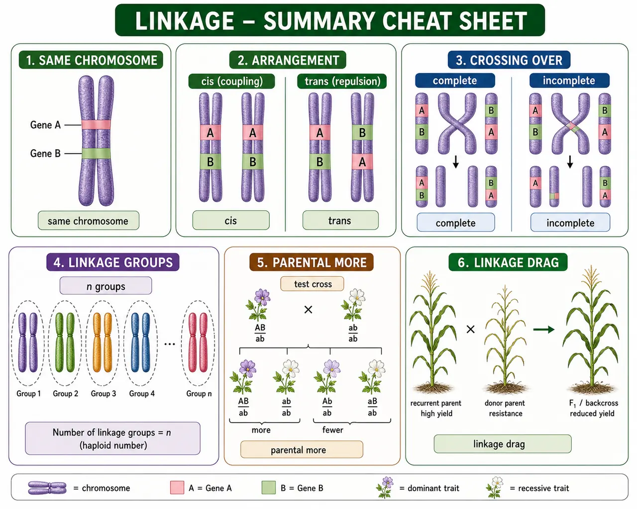 Compact linkage cheat sheet covering same chromosome inheritance, cis and trans arrangements, complete and incomplete linkage, linkage groups, parental excess, and linkage drag