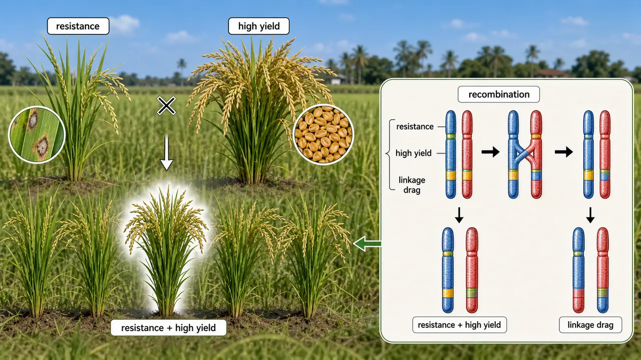 Rice breeding illustration showing recombination combining blast resistance and high yield while breaking linkage drag