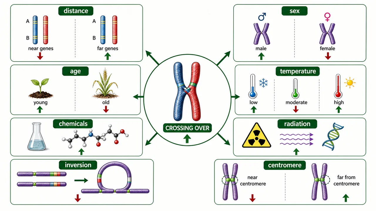 Infographic of factors affecting crossing over including distance sex age temperature chemicals radiation inversion and centromere position
