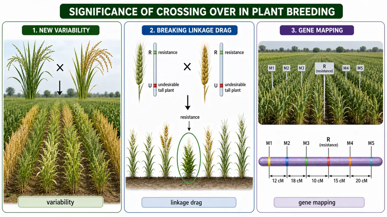 Significance of crossing over in plant breeding showing variability linkage drag breakage and gene mapping