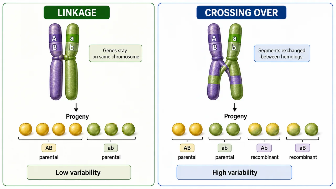 Comparison of linkage and crossing over showing parental versus recombinant progeny and variability difference