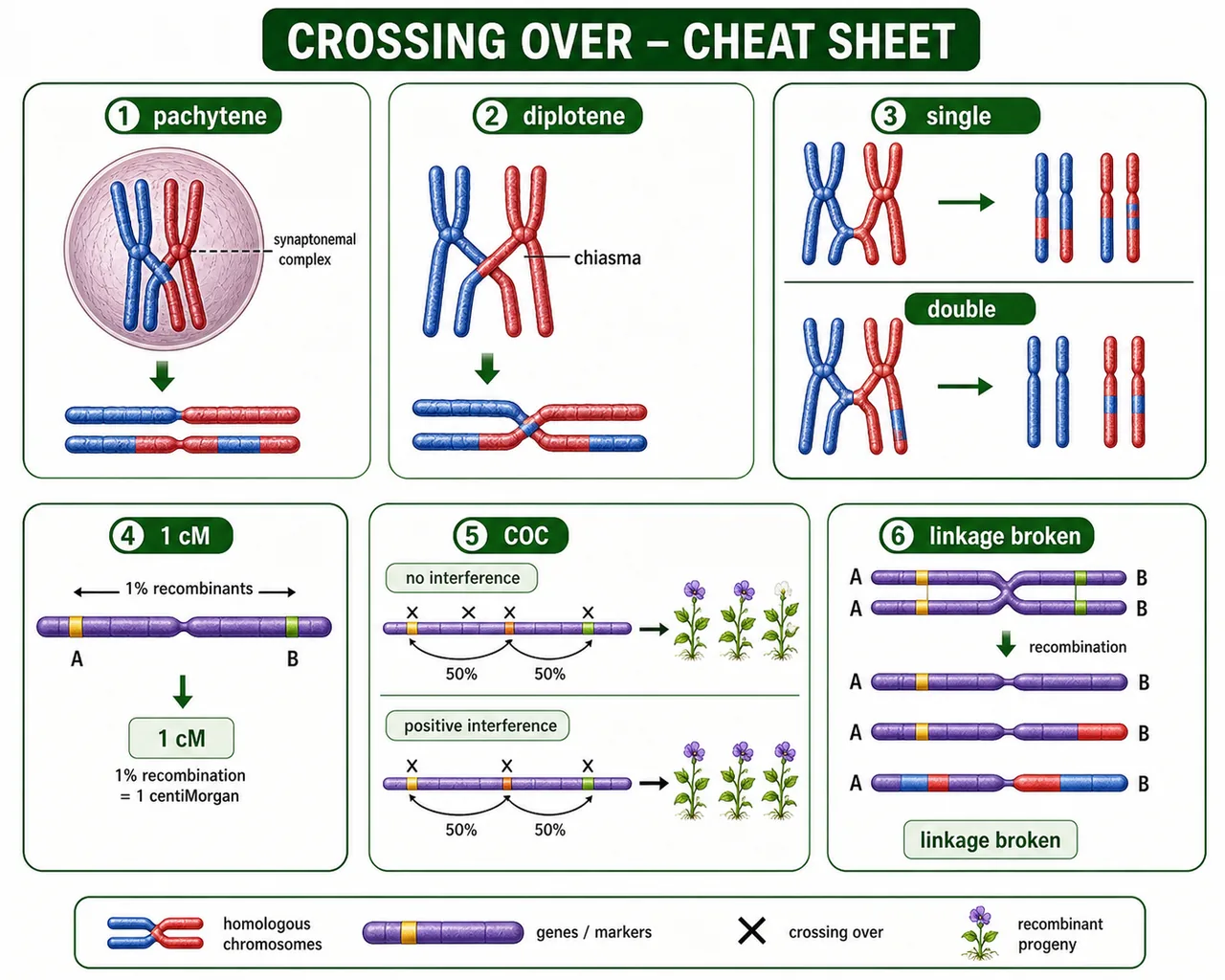 Crossing over summary showing pachytene diplotene single and double crossover map unit coincidence and linkage broken