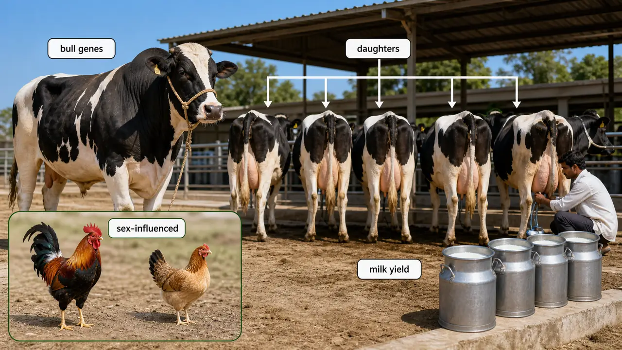 Livestock breeding illustration showing bull genes evaluated through daughters' milk yield and a poultry sex-influenced trait inset