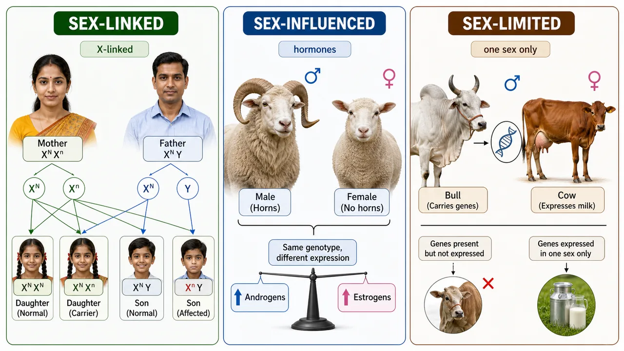 Overview comparison of sex-linked sex-influenced and sex-limited traits using inheritance and livestock examples
