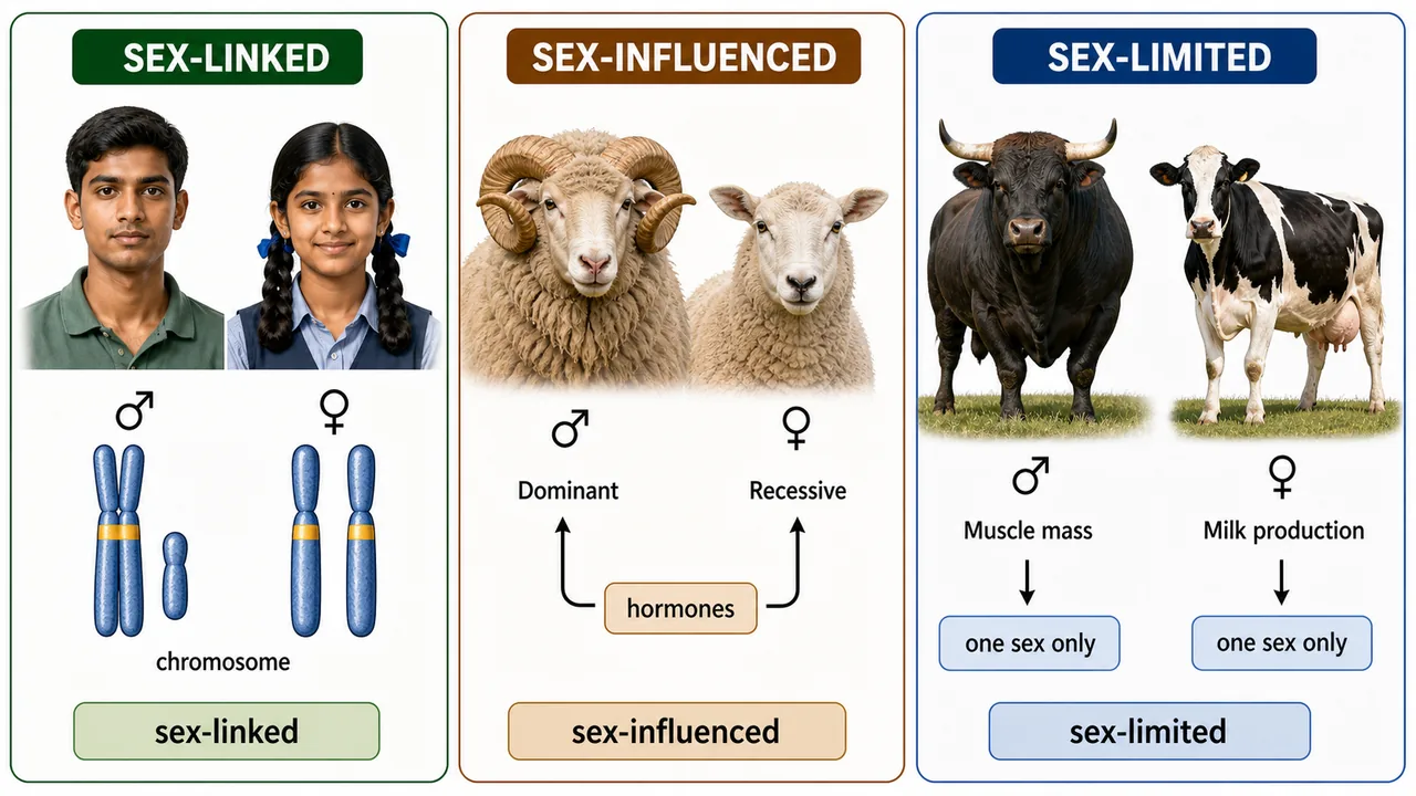 Three-way distinction among sex-linked sex-influenced and sex-limited traits with chromosome sheep and dairy examples