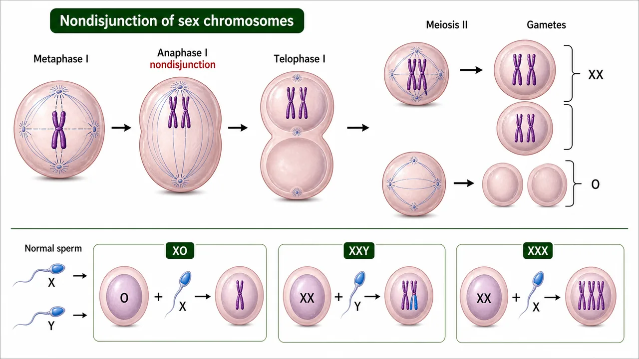 Non-disjunction of sex chromosomes diagram showing XX and O gametes and resulting XO XXY and XXX constitutions