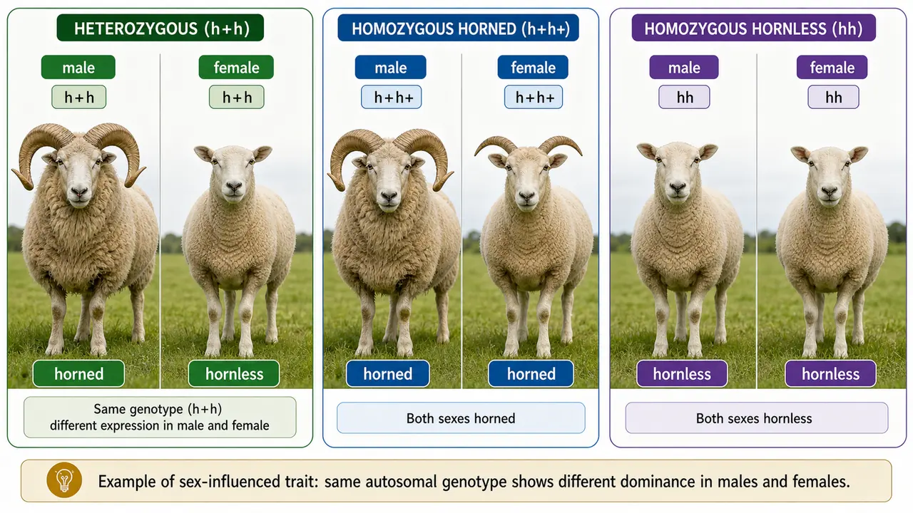 Sheep horn example showing sex-influenced inheritance where the same genotype differs in male and female expression