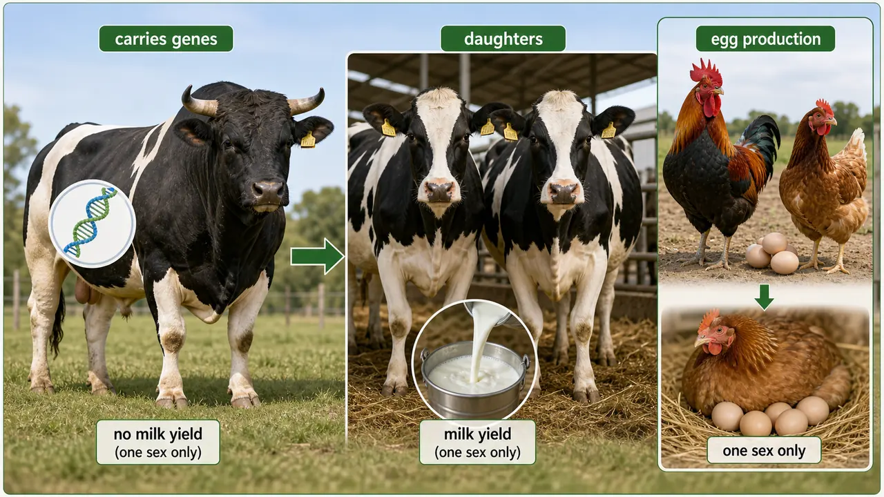 Sex-limited traits illustration showing bull carrying milk-yield genes daughters expressing milk yield and hen egg production