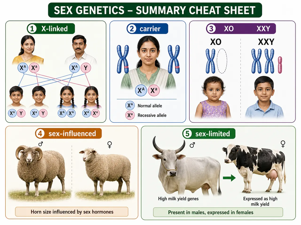 Sex genetics summary showing X-linked inheritance carrier female nondisjunction sex-influenced sheep horns and sex-limited milk yield