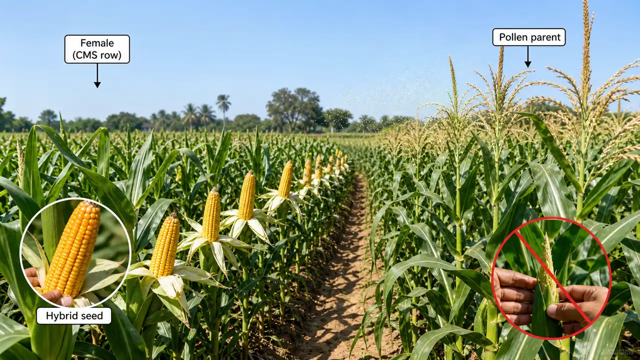 Cytoplasmic male sterility in maize hybrid seed production showing CMS female rows and a pollen parent row in the field