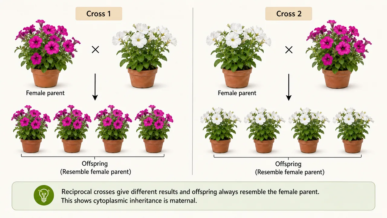 Reciprocal cross comparison showing offspring following the female parent in cytoplasmic inheritance