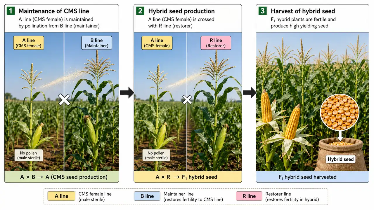 A line, B line, and R line workflow using cytoplasmic male sterility for hybrid seed production in crops