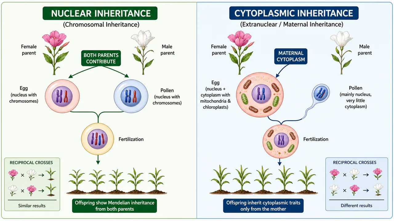 Side-by-side comparison of nuclear inheritance and cytoplasmic inheritance in flowering plants