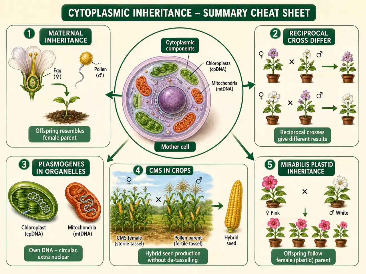 Visual summary of cytoplasmic inheritance showing maternal inheritance, organellar DNA, reciprocal crosses, CMS, and Mirabilis example