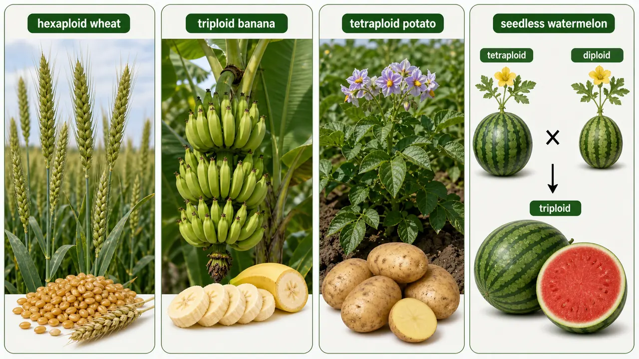 Crop examples of ploidy showing hexaploid wheat, triploid banana, tetraploid potato, and triploid seedless watermelon production