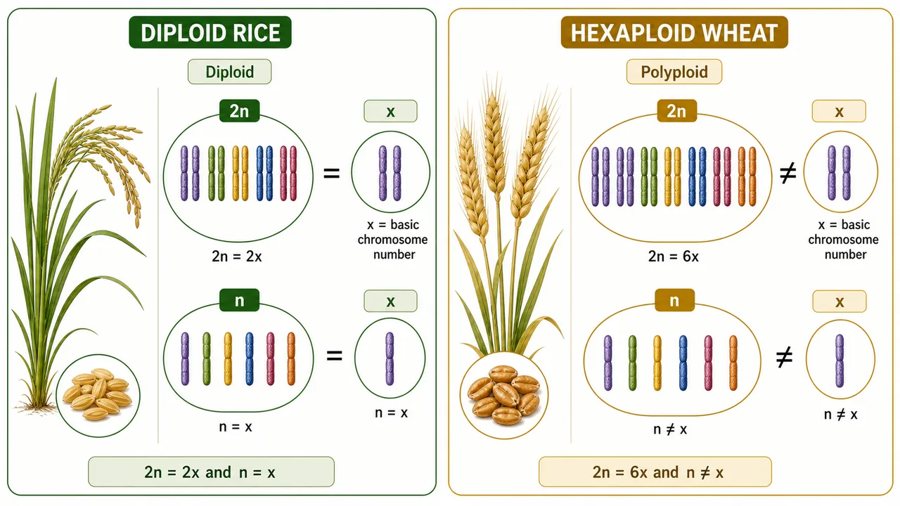Diploid rice and hexaploid wheat comparison showing relationship among 2n n and x in ploidy terminology
