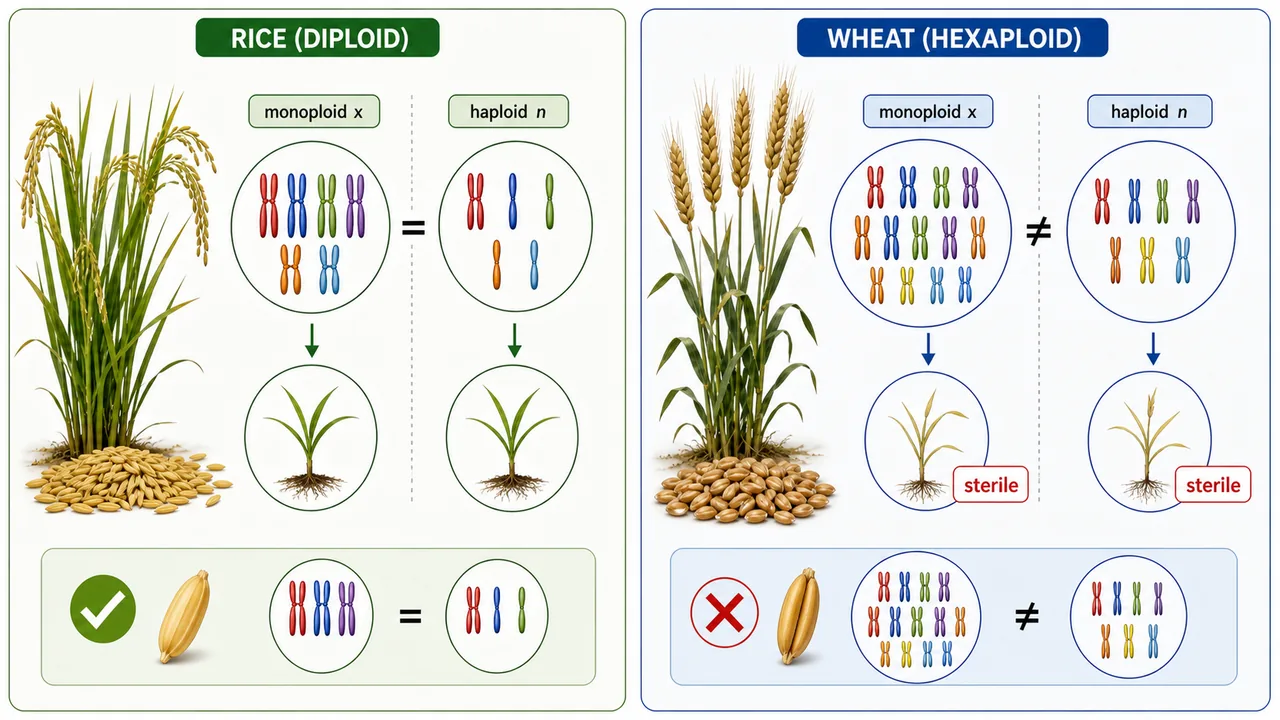 Monoploid and haploid comparison in diploid rice and hexaploid wheat showing why they differ in polyploid crops