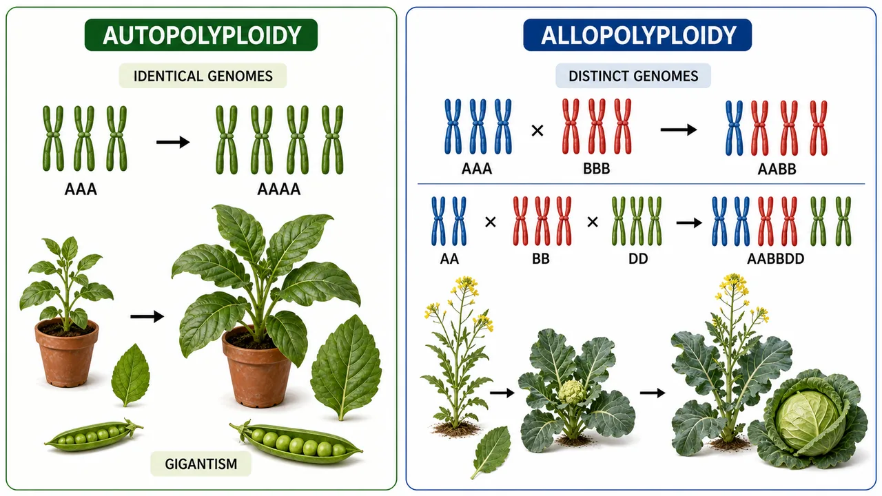 Autopolyploidy and allopolyploidy comparison showing identical repeated genomes versus combined distinct genomes