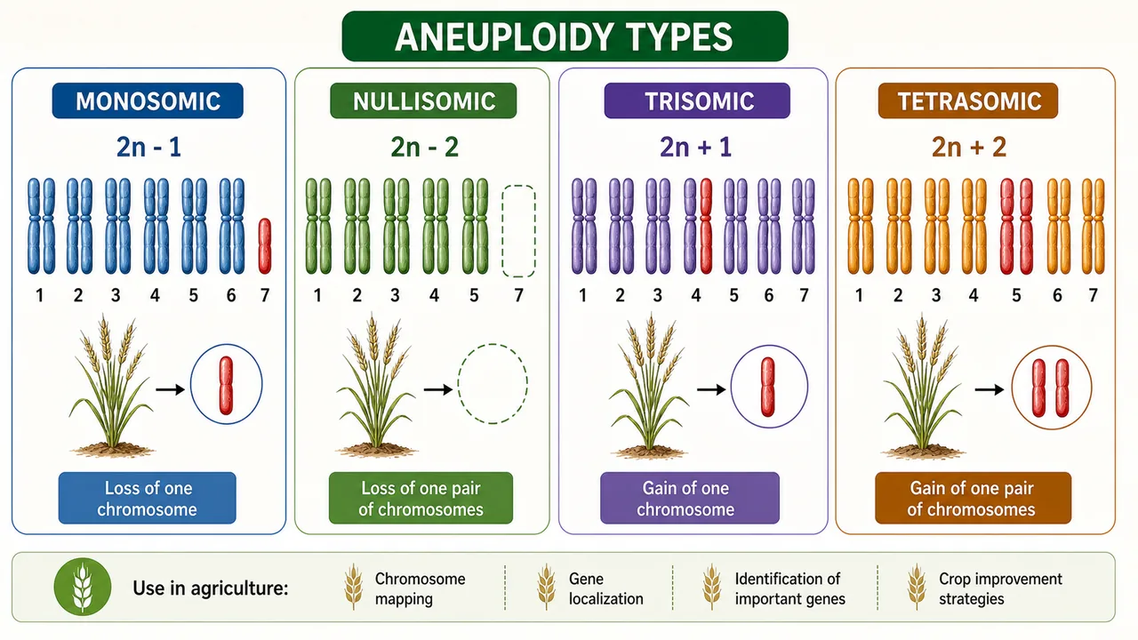 Aneuploidy types showing monosomic nullisomic trisomic and tetrasomic chromosome constitutions in crop genetics