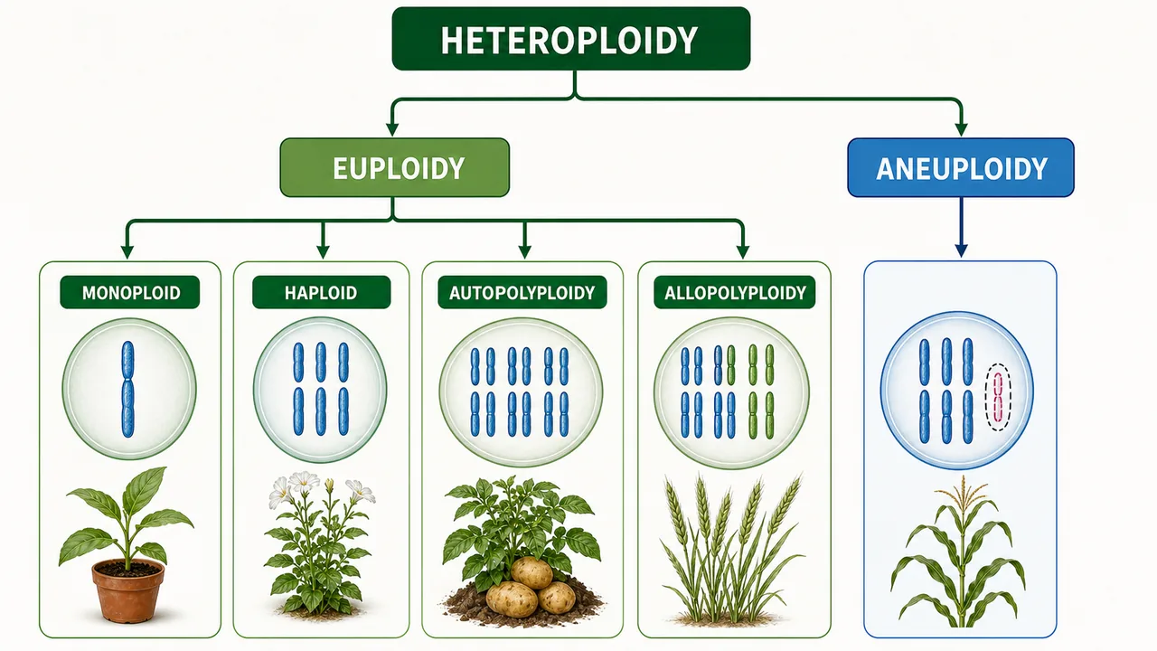 Heteroploidy hierarchy showing euploidy and aneuploidy with monoploid haploid autopolyploidy and allopolyploidy branches
