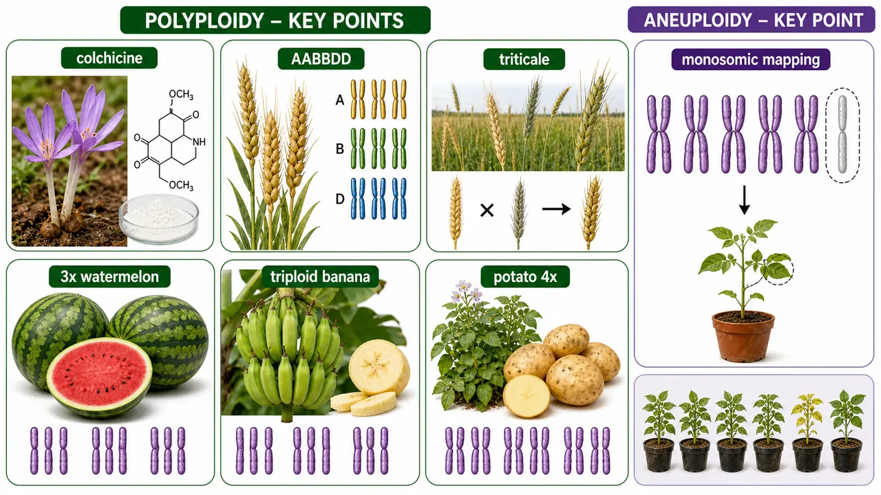 Exam revision board for polyploidy and aneuploidy showing colchicine AABBDD triticale triploid watermelon triploid banana potato 4x and monosomic mapping