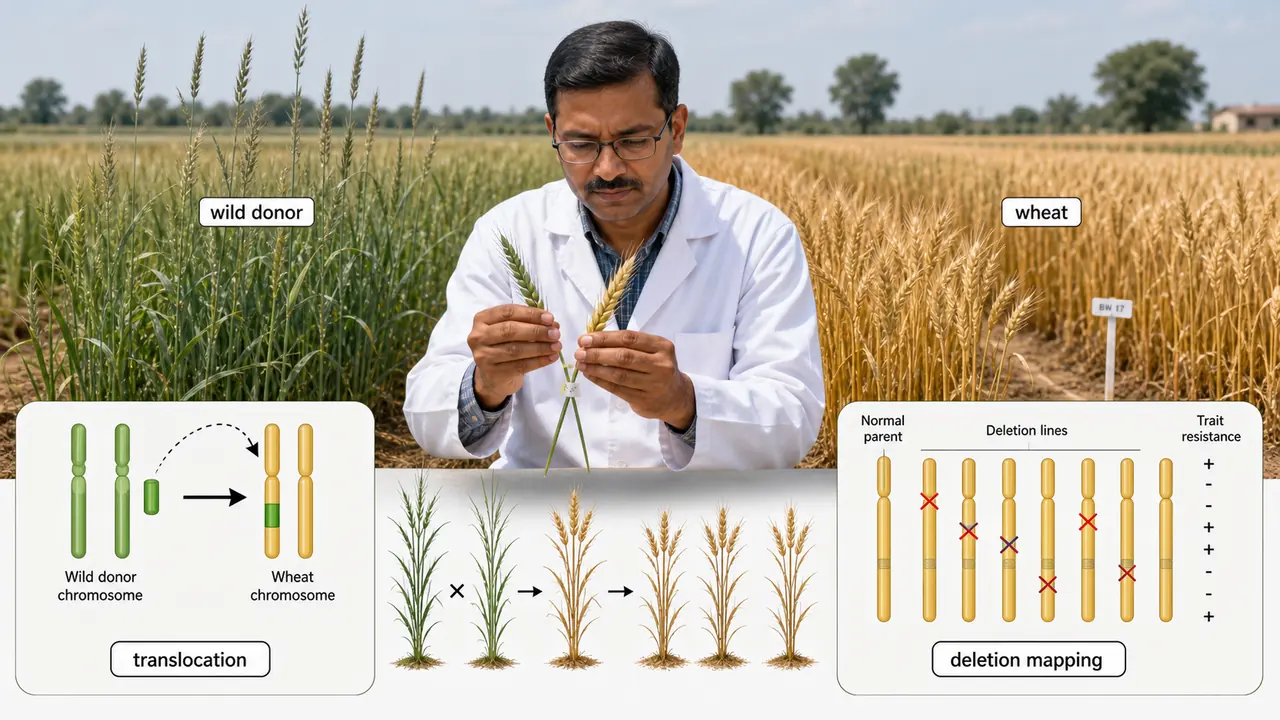 Wheat breeding illustration showing chromosome translocation from a wild donor and deletion mapping lines used in crop genetics