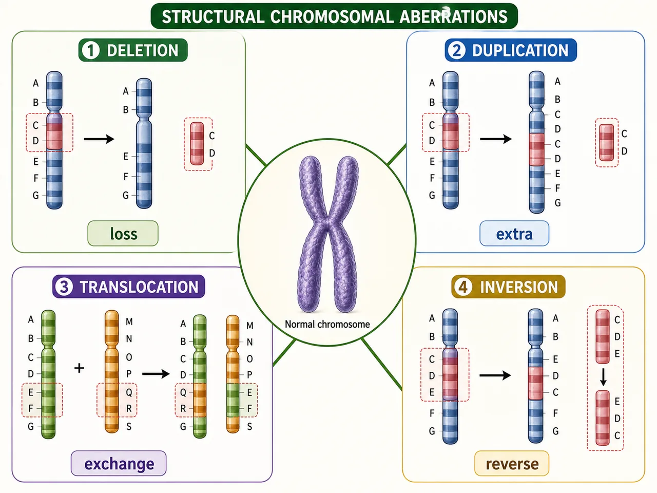 Overview diagram of deletion, duplication, translocation, and inversion as structural chromosomal aberrations