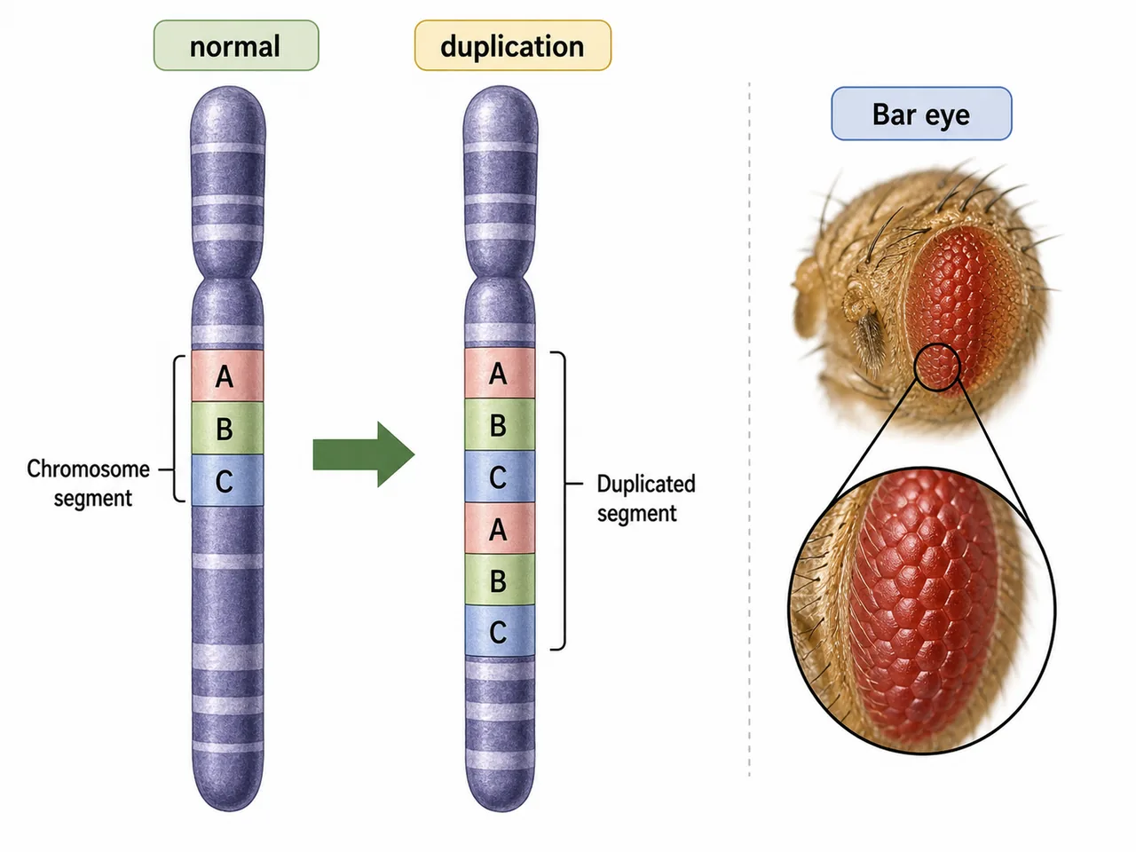 Chromosome duplication diagram with Bar eye example used to explain extra copy of a chromosome segment