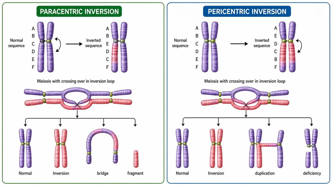 Paracentric and pericentric inversion comparison showing bridge fragment and duplication deficiency outcomes