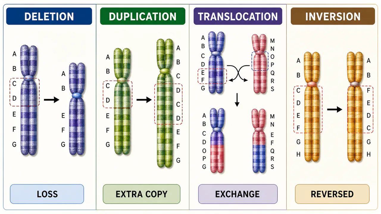 Comparison infographic for deletion duplication translocation and inversion in chromosomal aberrations