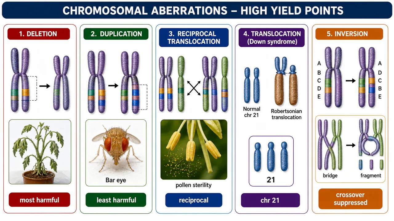 Exam memory board for chromosomal aberrations showing deletion duplication reciprocal translocation chromosome 21 translocation and inversion