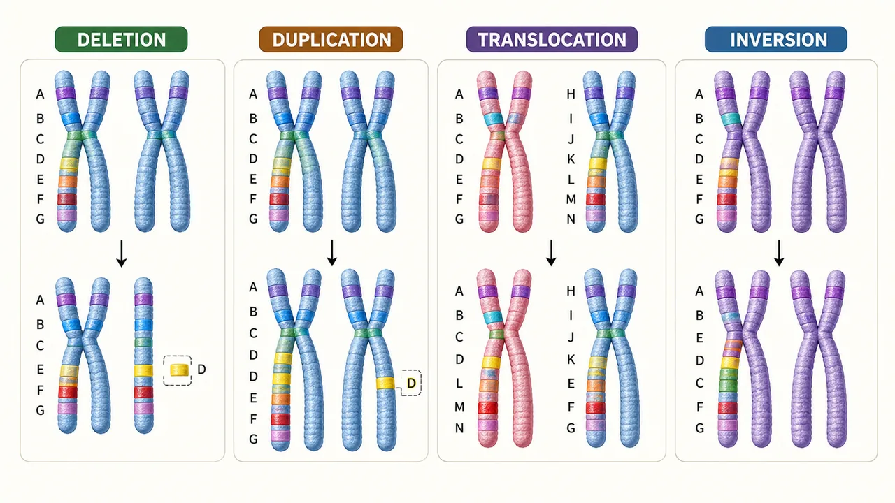 Summary cheat sheet for structural chromosomal aberrations with deletion duplication translocation and inversion