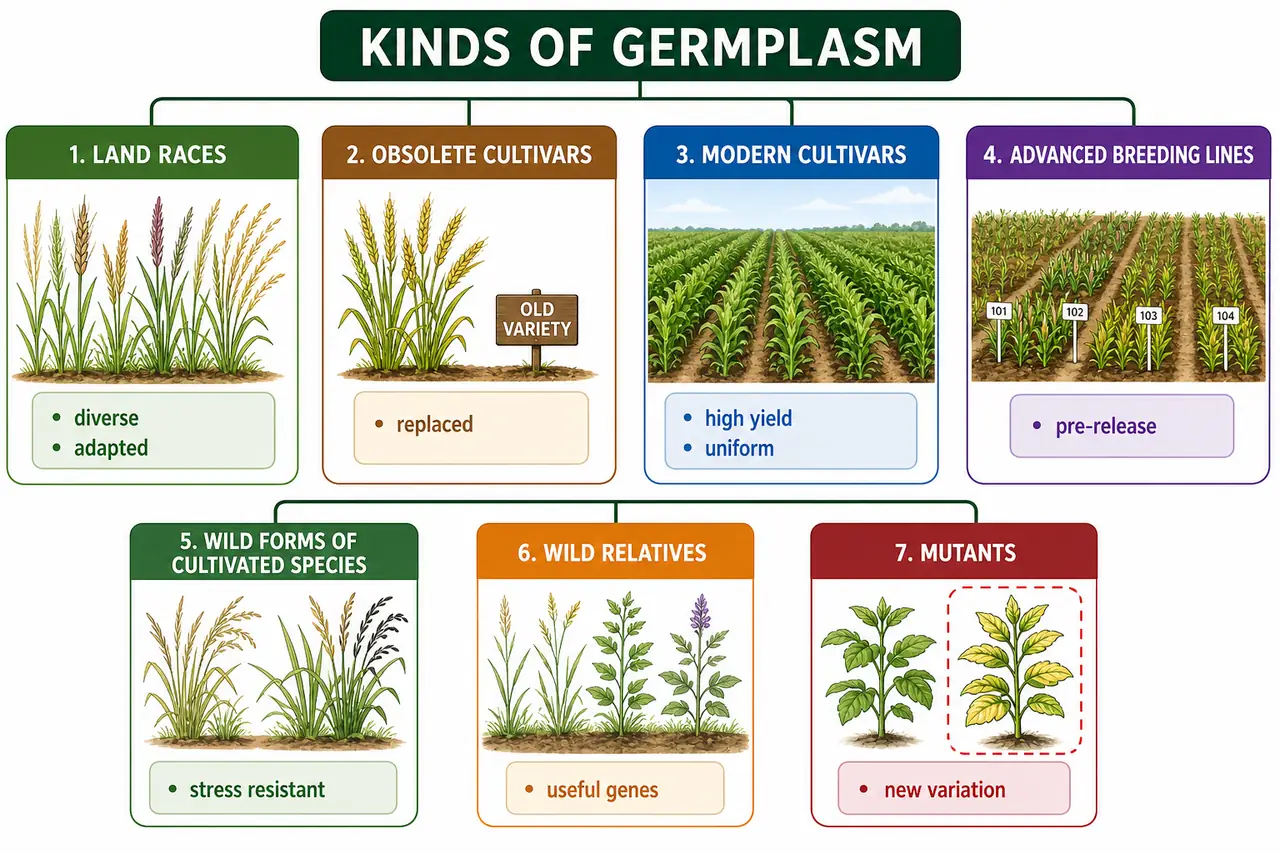 Kinds of germplasm in plant breeding showing land races, obsolete cultivars, modern cultivars, advanced breeding lines, wild forms, wild relatives, and mutants with their practical roles