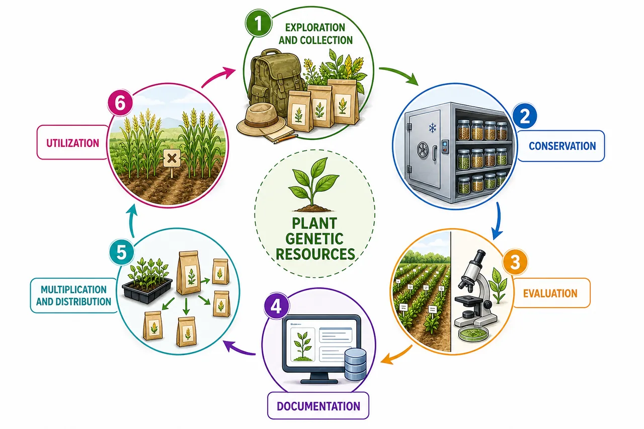 Germplasm activities cycle showing exploration and collection, conservation, evaluation, documentation, multiplication and distribution, and utilization in plant breeding