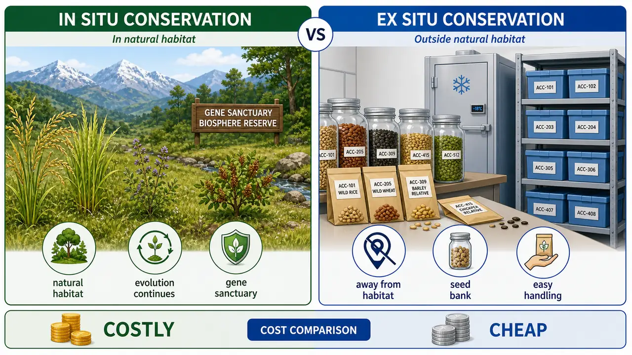 Comparison of in situ and ex situ germplasm conservation showing gene sanctuary protection in natural habitat versus seed bank storage away from habitat
