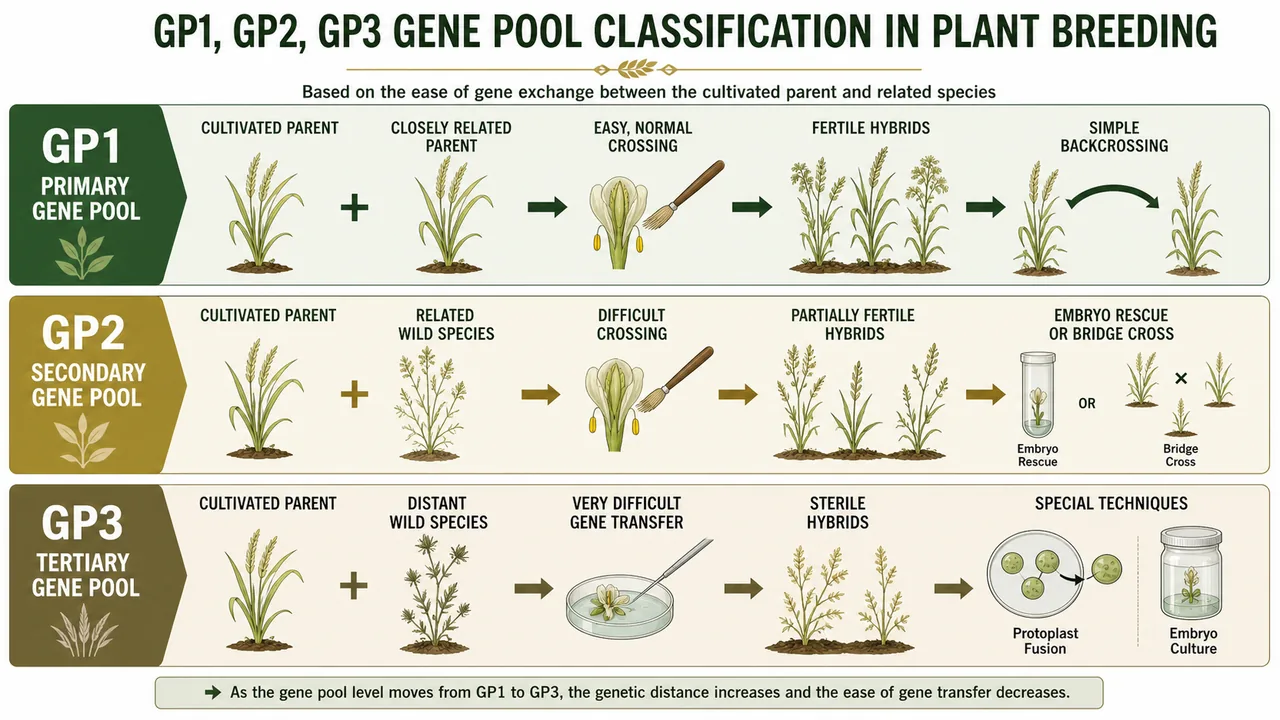 Comparison of GP1, GP2, and GP3 gene pools in plant breeding showing fertile hybrids in primary gene pool, partially fertile hybrids in secondary gene pool, and special techniques needed for tertiary gene pool