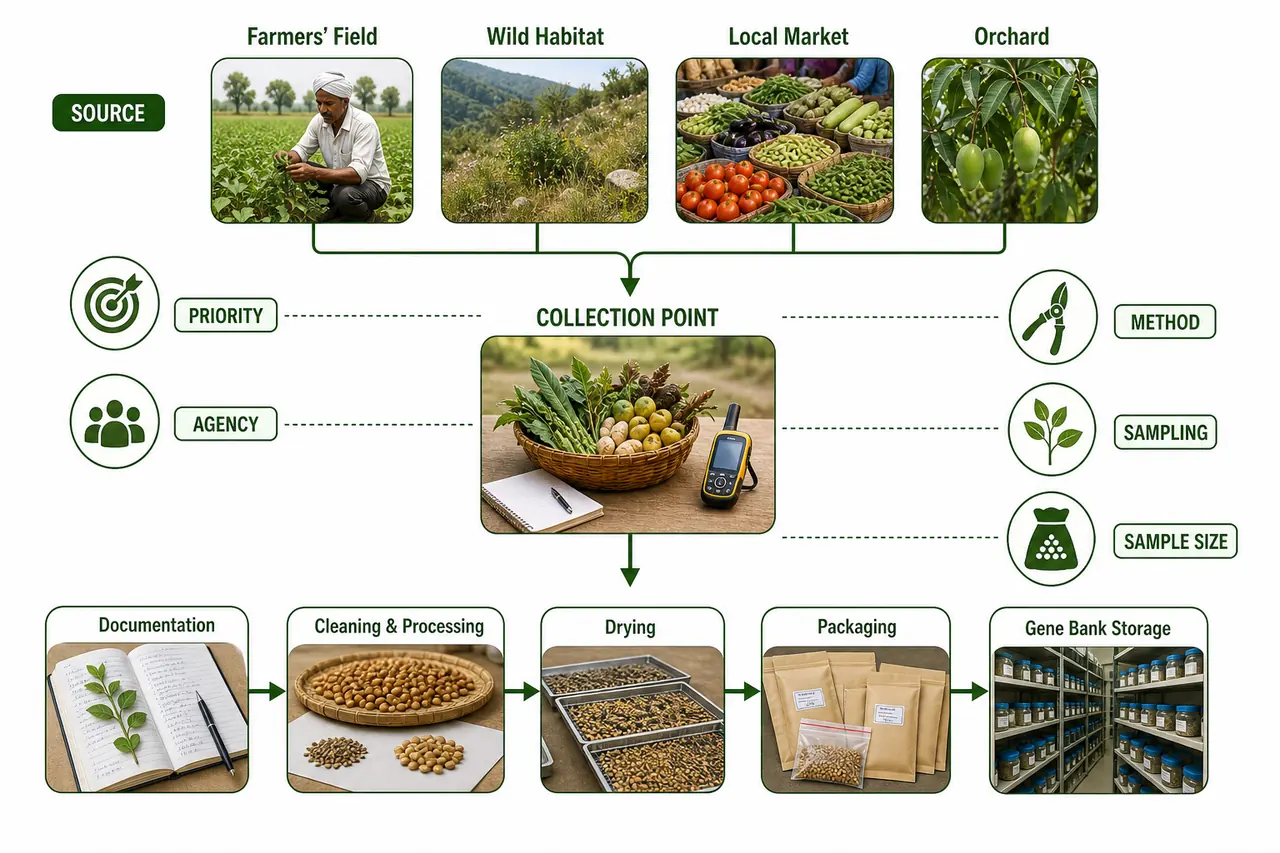 Exploration and collection planning board showing germplasm sources like farmers fields wild habitats markets and orchards feeding into a central collection process with sampling and agency planning
