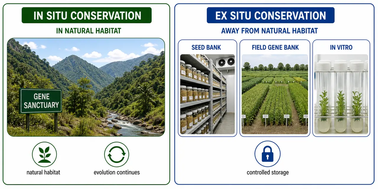 In situ versus ex situ germplasm conservation comparison showing gene sanctuary in natural habitat against seed bank field gene bank and in vitro controlled storage methods