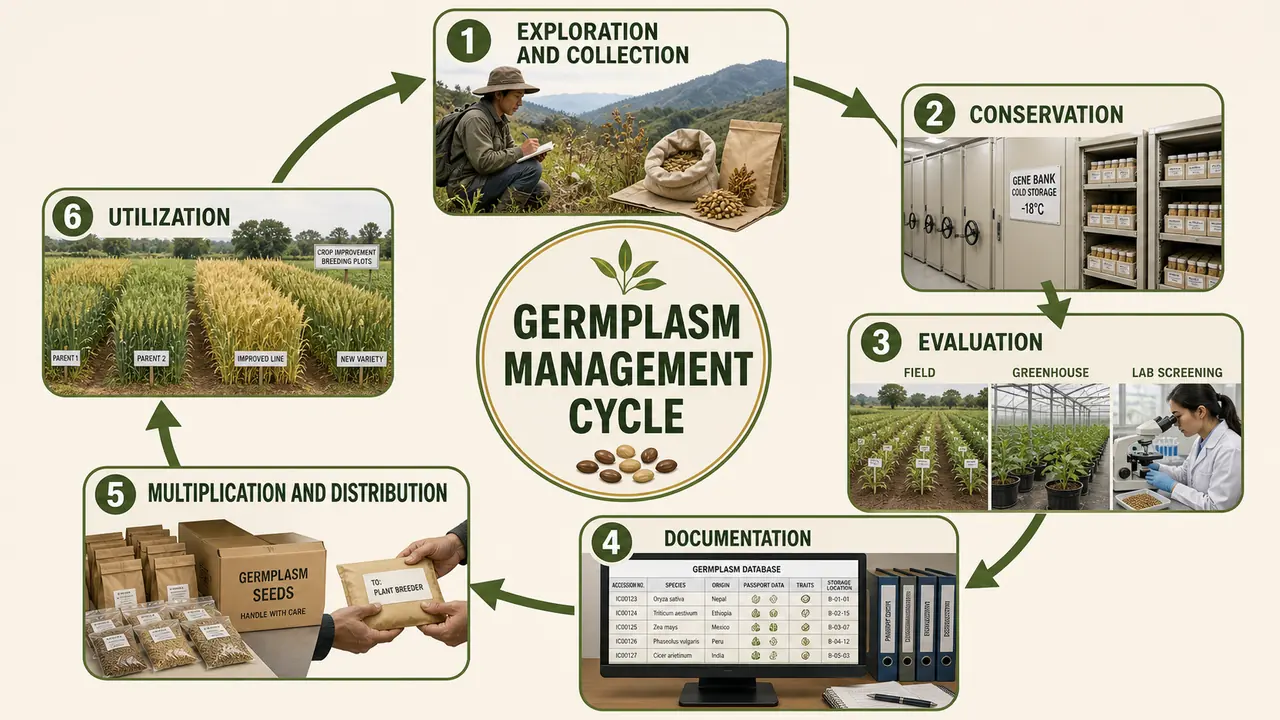 Six-step germplasm management cycle showing exploration and collection, conservation, evaluation, documentation, multiplication and distribution, and utilization in crop improvement