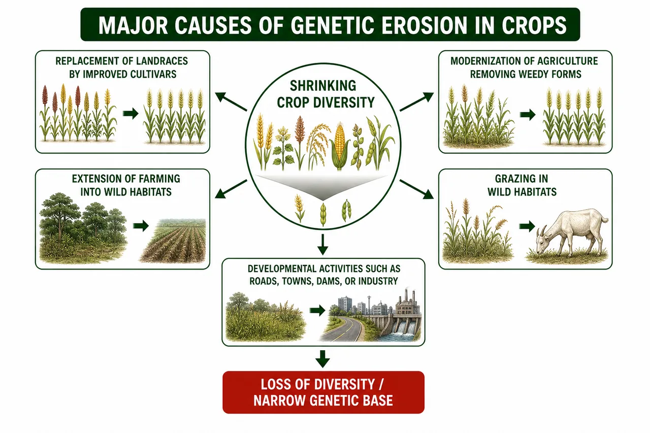 Genetic erosion board showing replacement of landraces modernization habitat clearing grazing and developmental activities causing narrowing of crop diversity