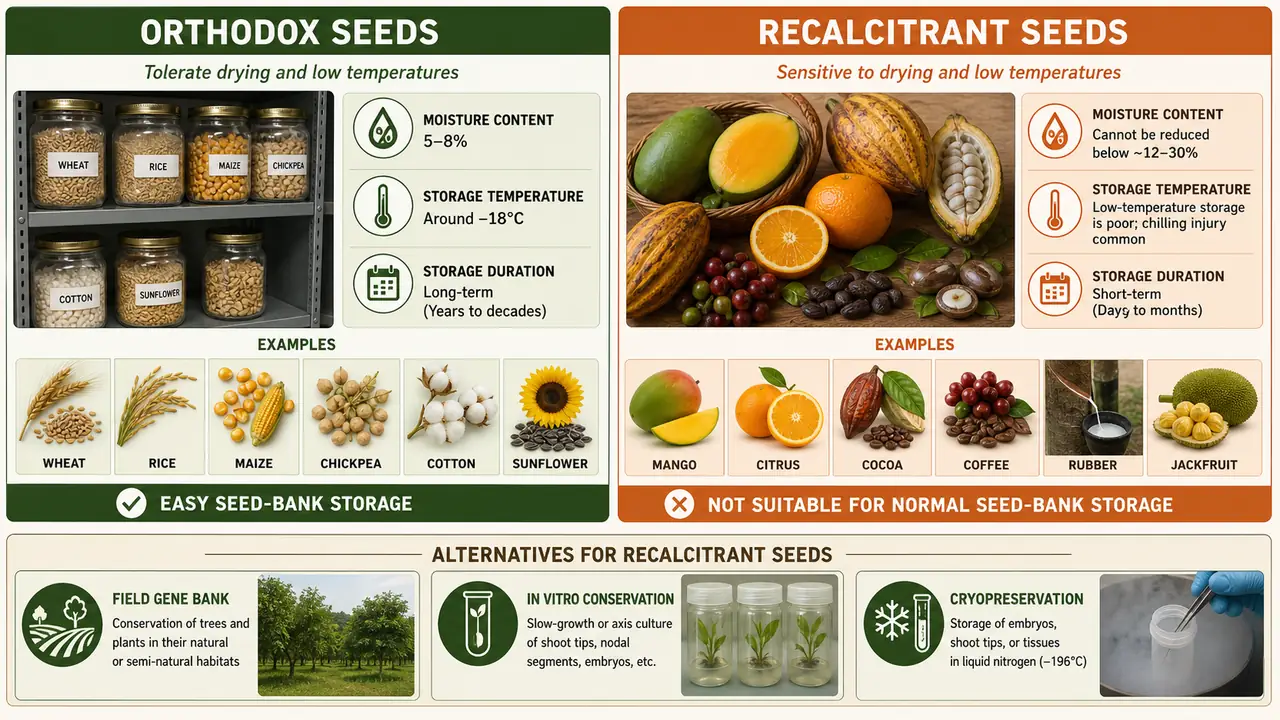 Side-by-side comparison of orthodox seeds and recalcitrant seeds for germplasm conservation showing moisture limits, storage temperature, storage duration, crop examples, and alternatives like field gene bank, in vitro conservation, and cryopreservation