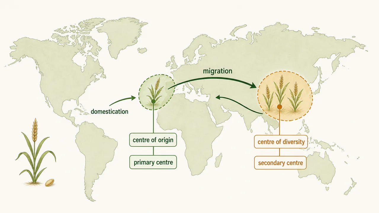 Centre of origin versus centre of diversity comparison showing primary and secondary centres after crop migration