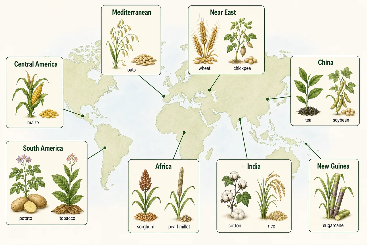 Crop to origin reference board showing major crop examples linked to their Vavilov regions
